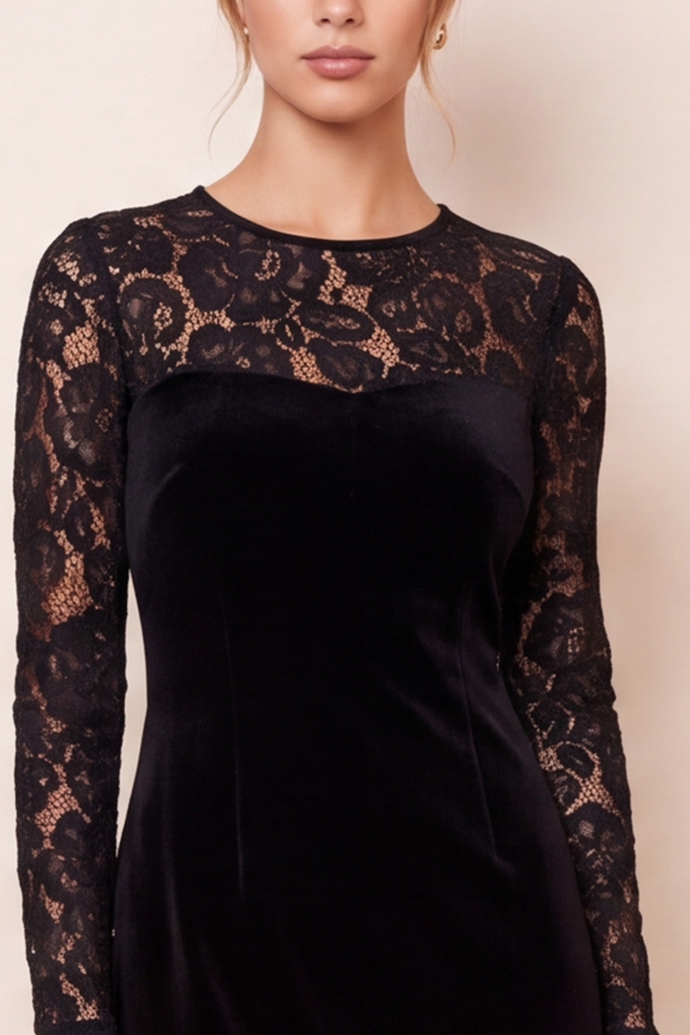 Black Velvet Ruffled Round Neck Bodycon Long Sleeves Midi Wedding Guest Dress with Lace