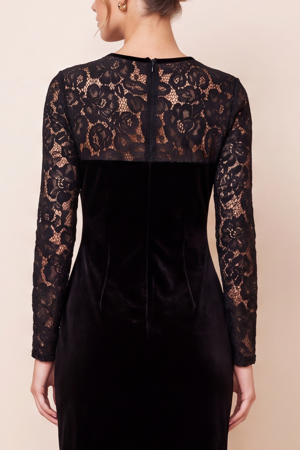 Black Velvet Ruffled Round Neck Bodycon Long Sleeves Midi Wedding Guest Dress with Lace