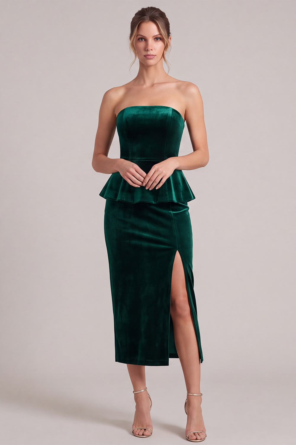 Velvet Dark Green Sheath Strapless Midi Wedding Guest Dress with Slit