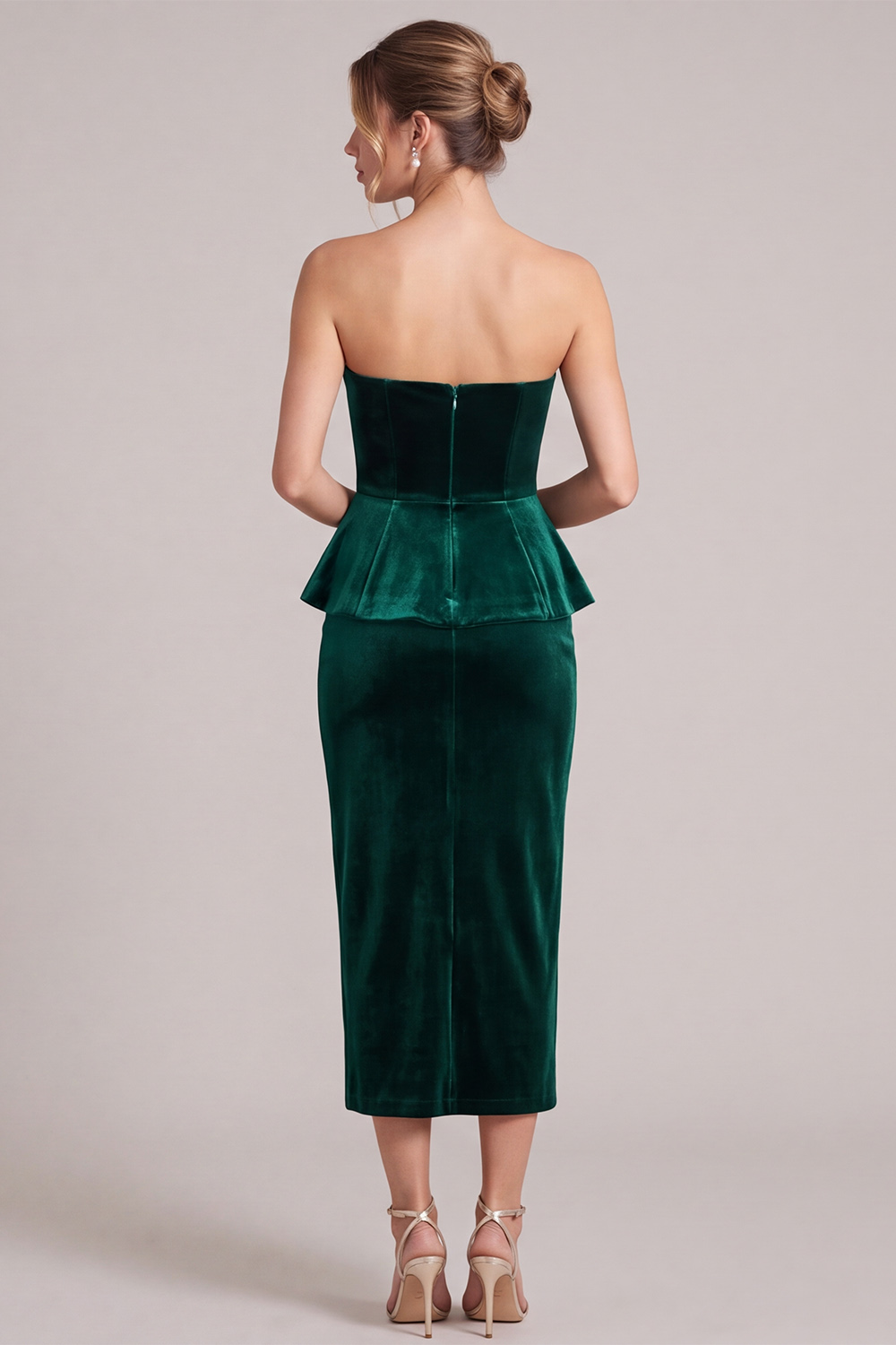 Velvet Dark Green Sheath Strapless Midi Wedding Guest Dress with Slit