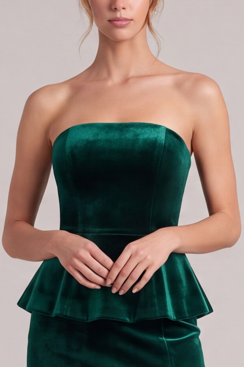 Velvet Dark Green Sheath Strapless Midi Wedding Guest Dress with Slit