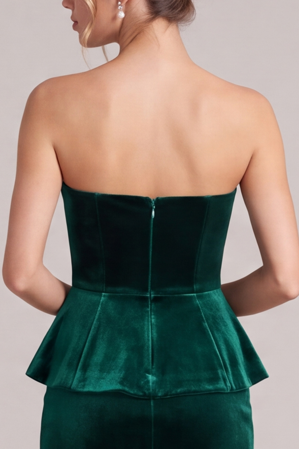 Velvet Dark Green Sheath Strapless Midi Wedding Guest Dress with Slit