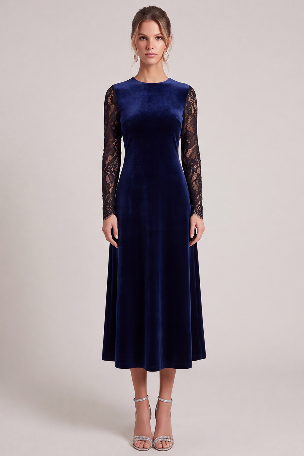  A Line Navy Round Neck Midi Wedding Guest Dress with Lace
