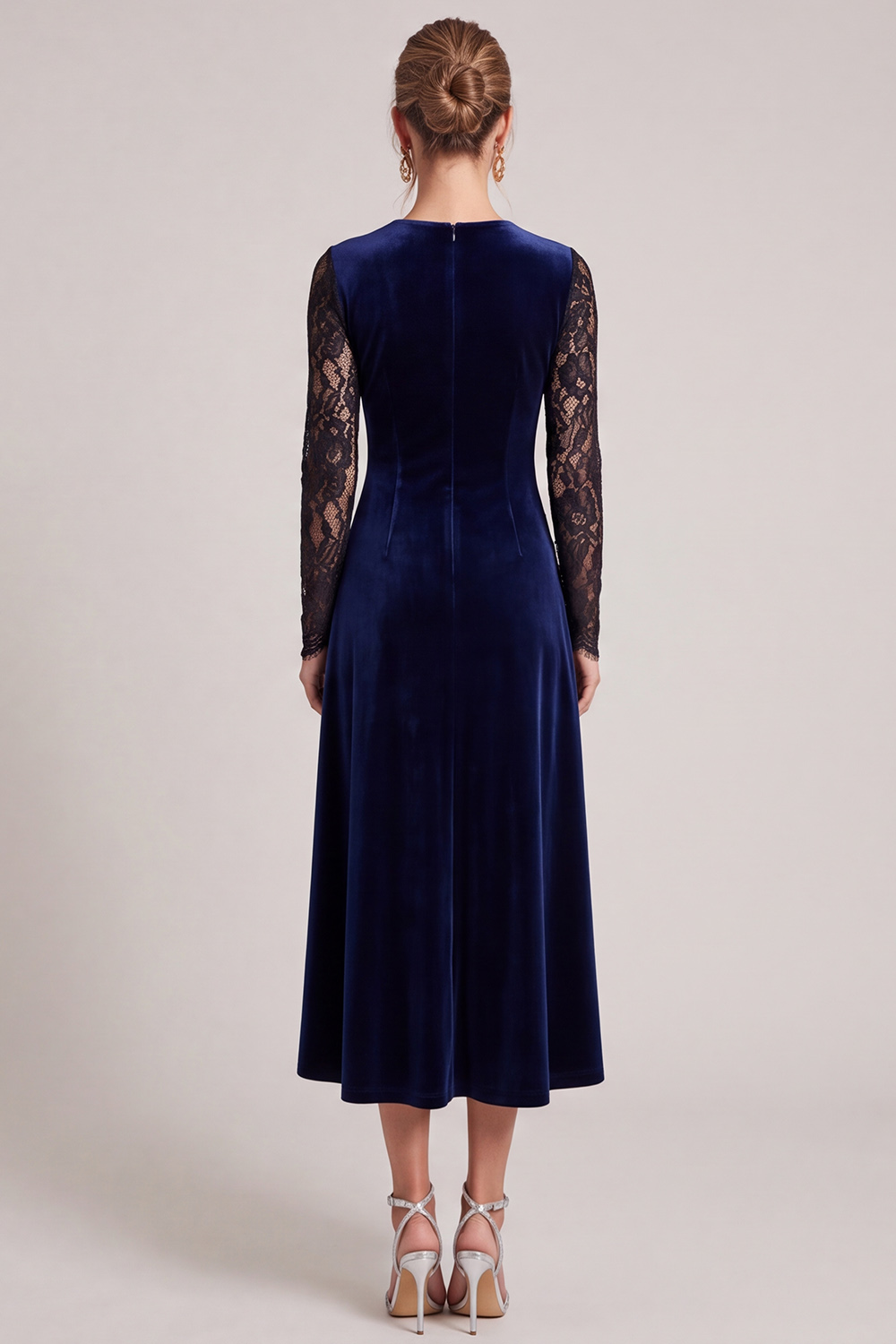  A Line Navy Round Neck Midi Wedding Guest Dress with Lace