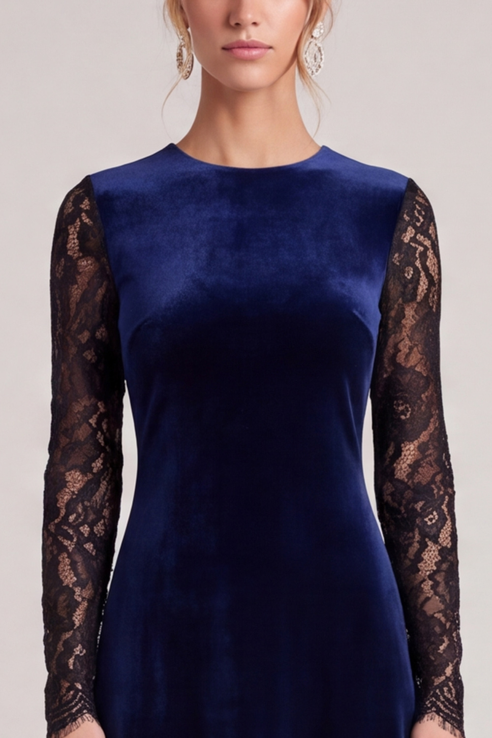  A Line Navy Round Neck Midi Wedding Guest Dress with Lace
