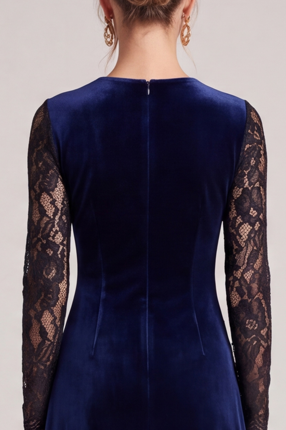  A Line Navy Round Neck Midi Wedding Guest Dress with Lace