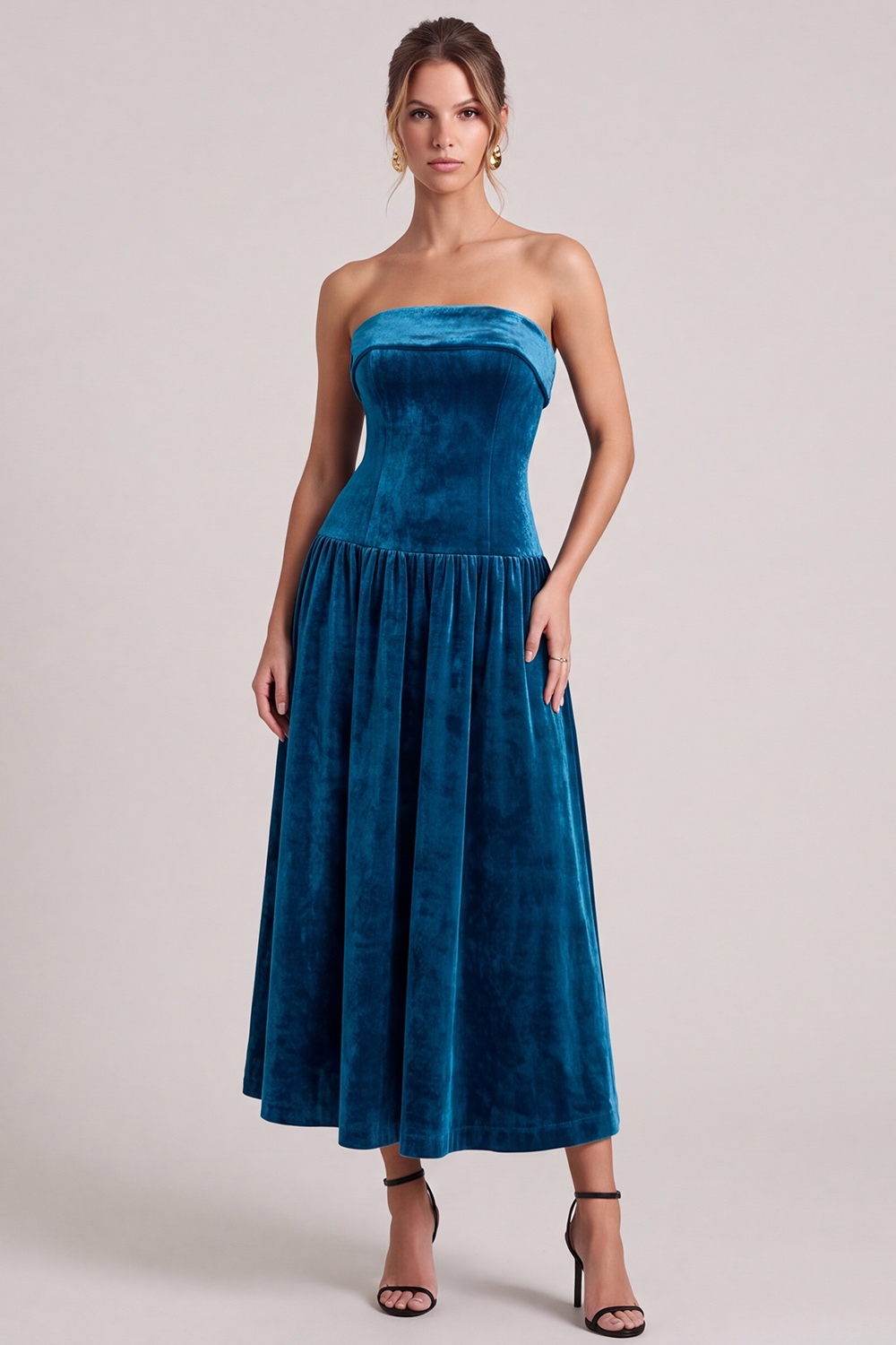 Peacock Blue Velvet A-Line Strapless Maxi Holiday Dress