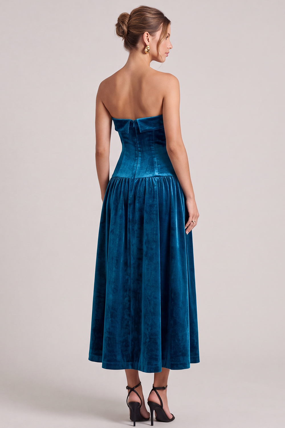Peacock Blue Velvet A-Line Strapless Maxi Holiday Dress