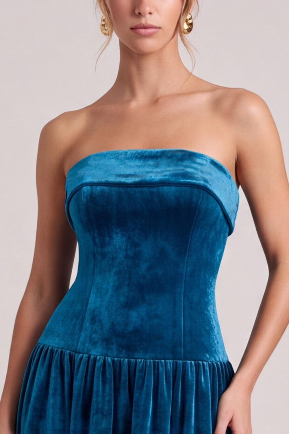 Peacock Blue Velvet A-Line Strapless Maxi Holiday Dress