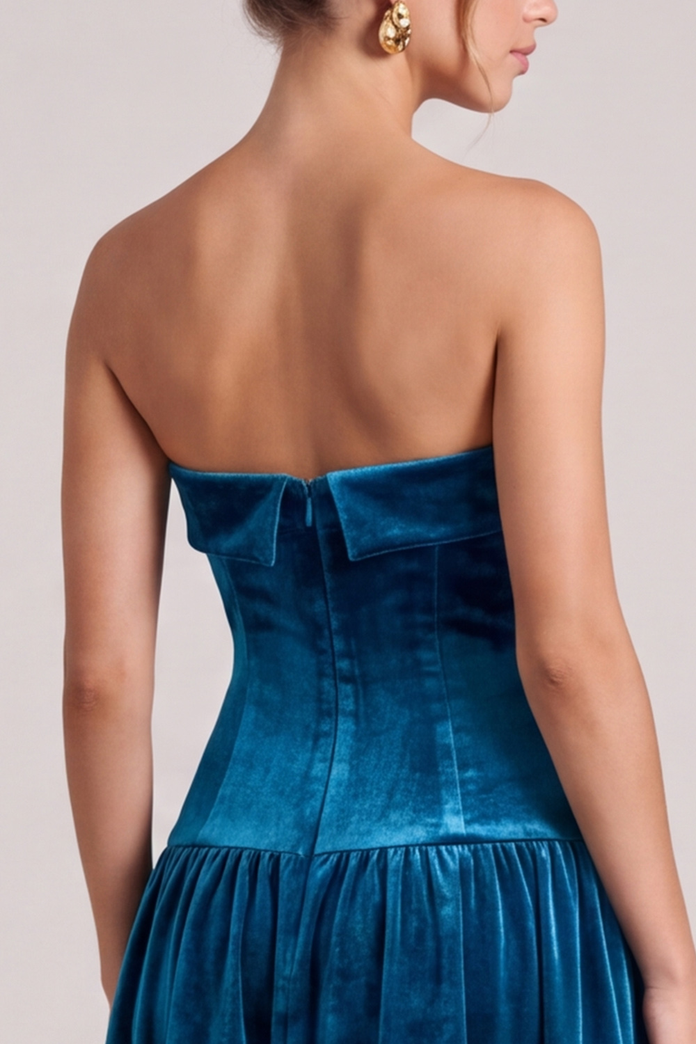 Peacock Blue Velvet A-Line Strapless Maxi Holiday Dress