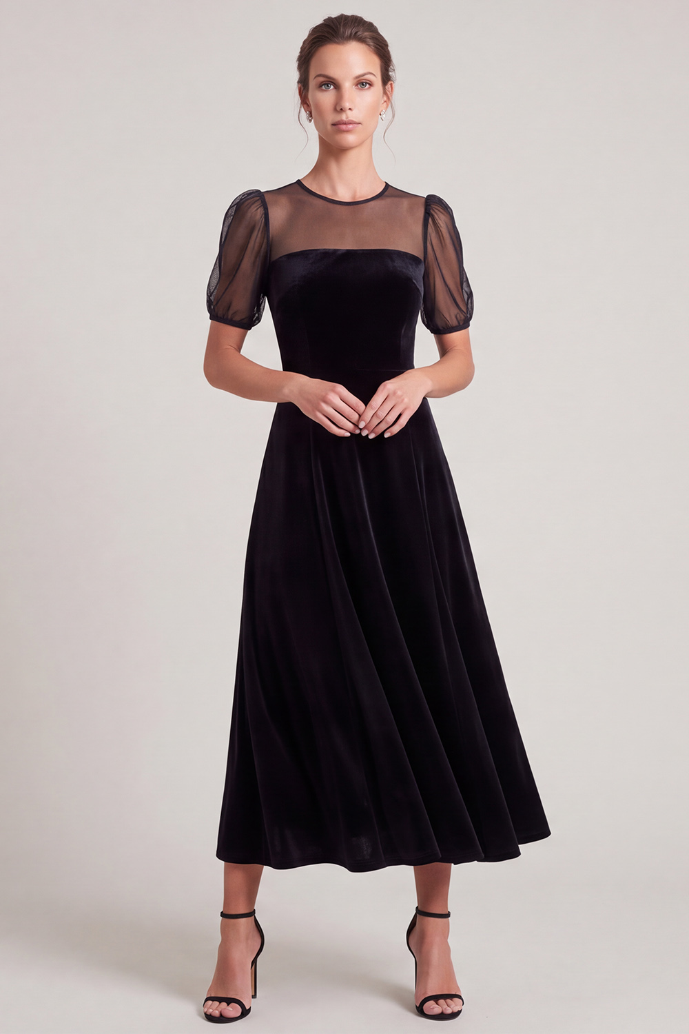Black A-Line Illusion Round Neck Velvet Midi Holiday Dress