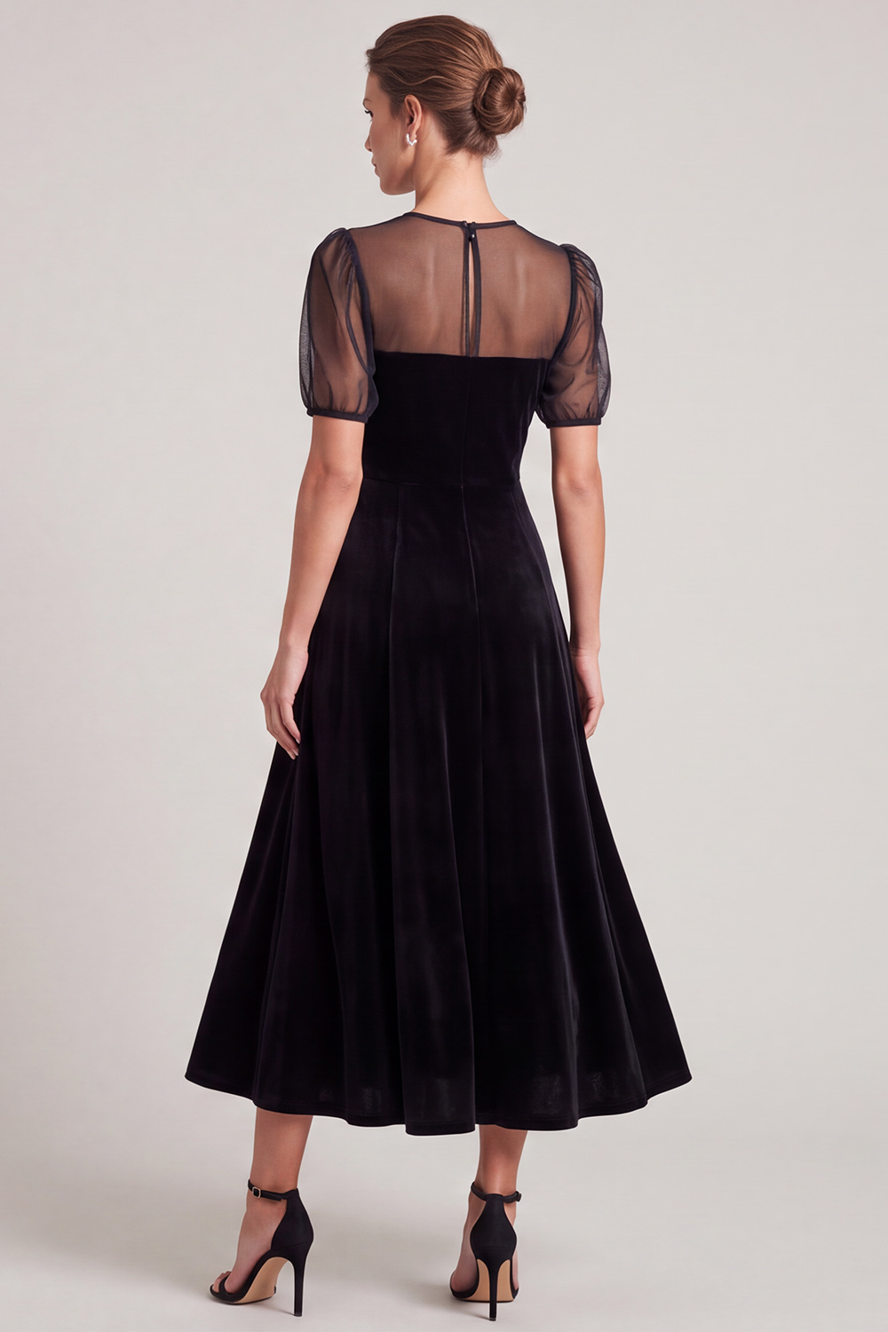 Black A-Line Illusion Round Neck Velvet Midi Holiday Dress