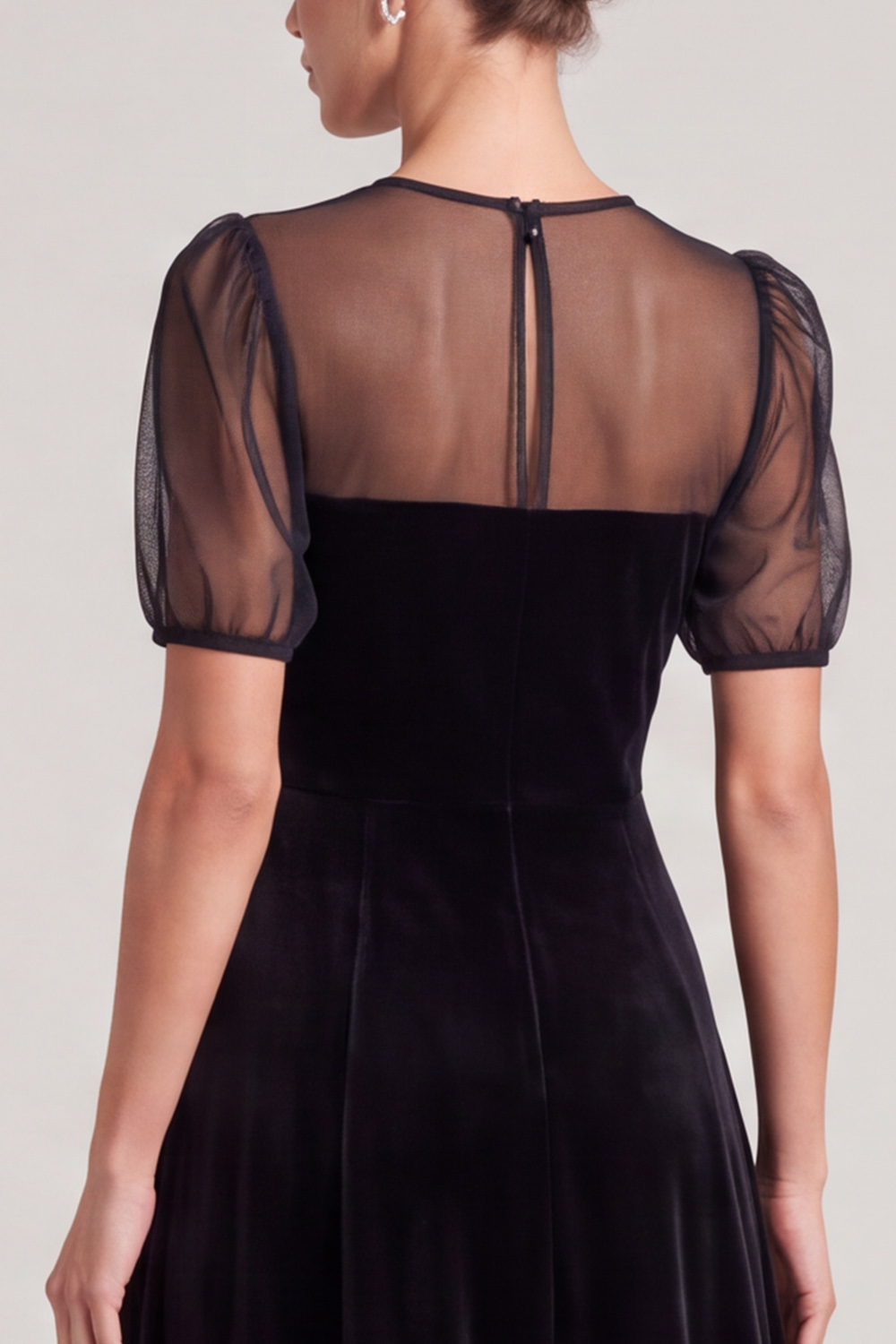 Black A-Line Illusion Round Neck Velvet Midi Holiday Dress