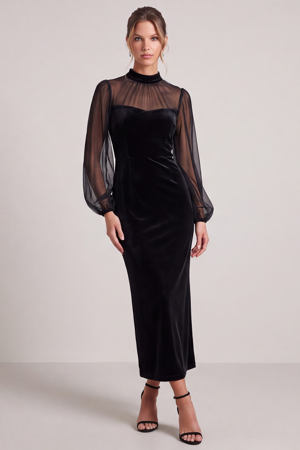 Black Velvet Sheath High Neck Midi Wedding Guest Dress with Sleeves 