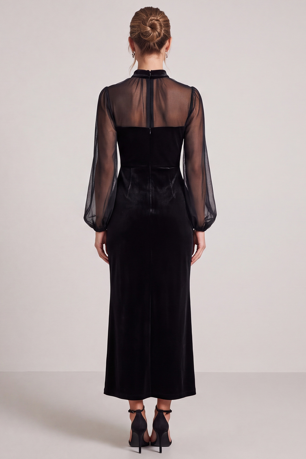 Black Velvet Sheath High Neck Midi Wedding Guest Dress with Sleeves 