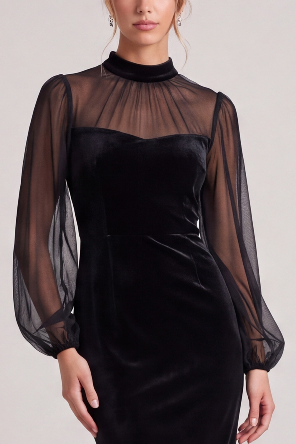 Black Velvet Sheath High Neck Midi Wedding Guest Dress with Sleeves 