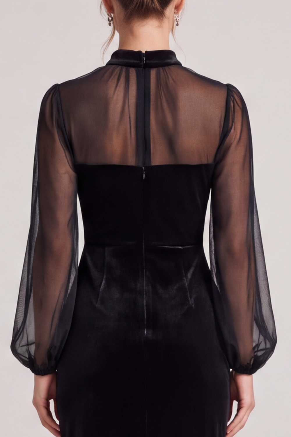 Black Velvet Sheath High Neck Midi Wedding Guest Dress with Sleeves 