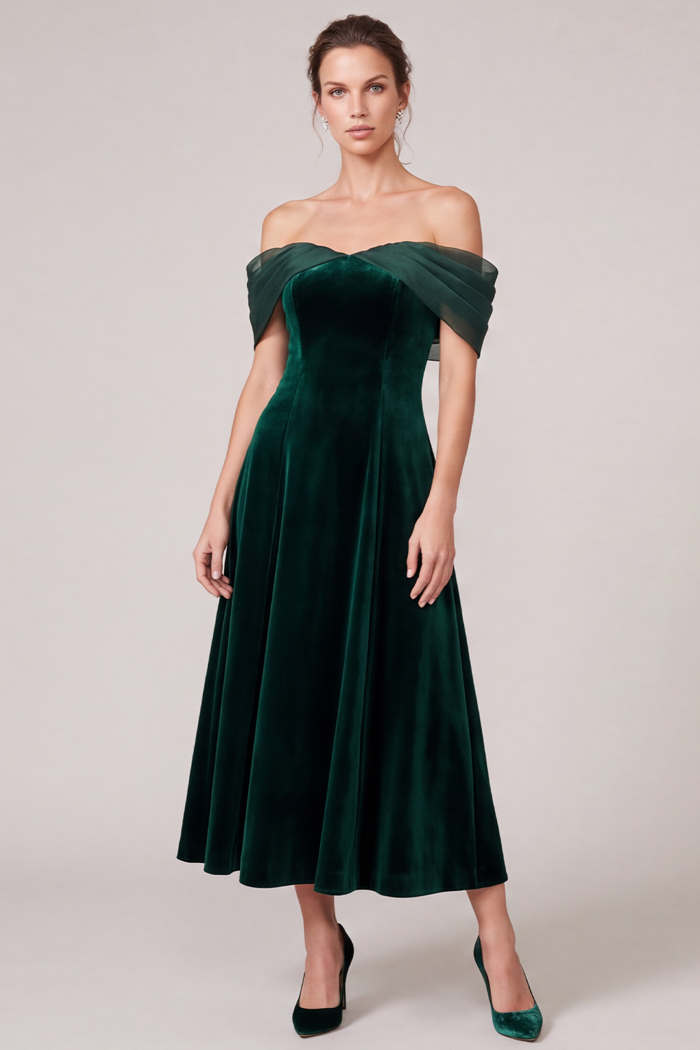 Dark Green A-Line Off the Shoulder Velvet Maxi Holiday Dress