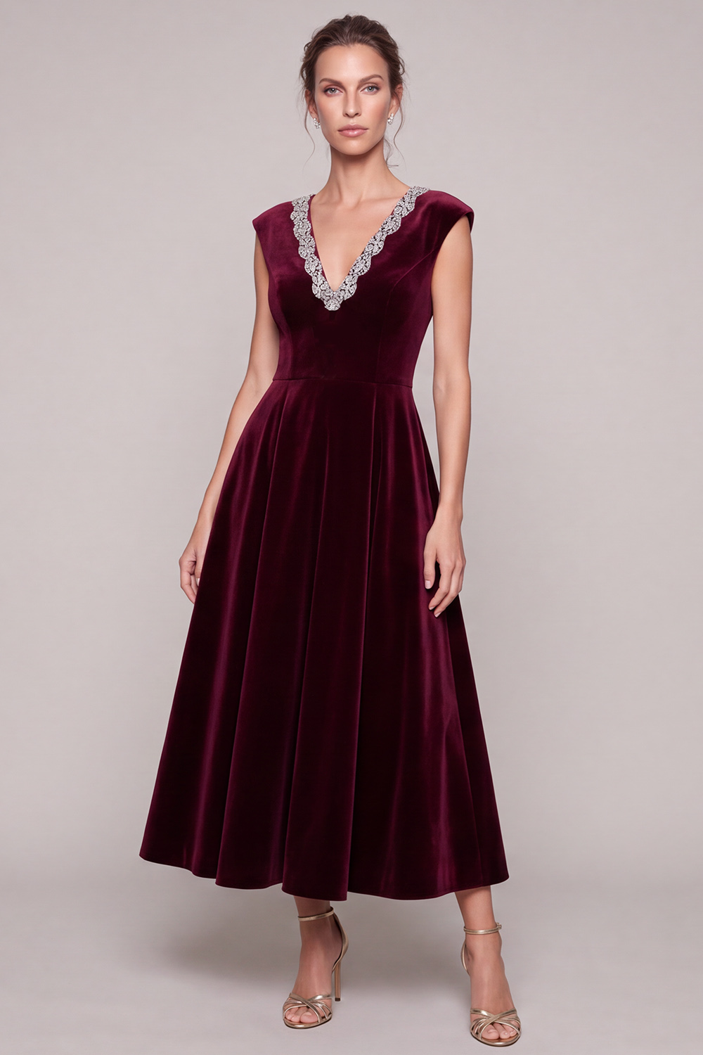 Burgundy A-Line V-Neck Velvet Maxi Holiday Dress with Beading