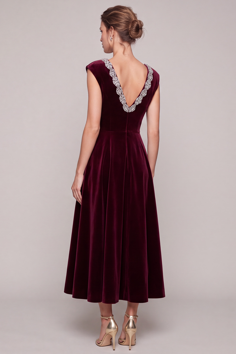 Burgundy A-Line V-Neck Velvet Maxi Holiday Dress with Beading