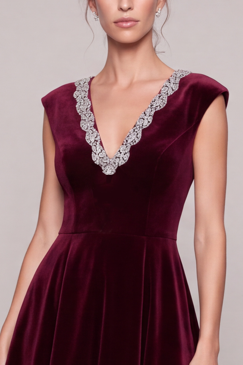 Burgundy A-Line V-Neck Velvet Maxi Holiday Dress with Beading