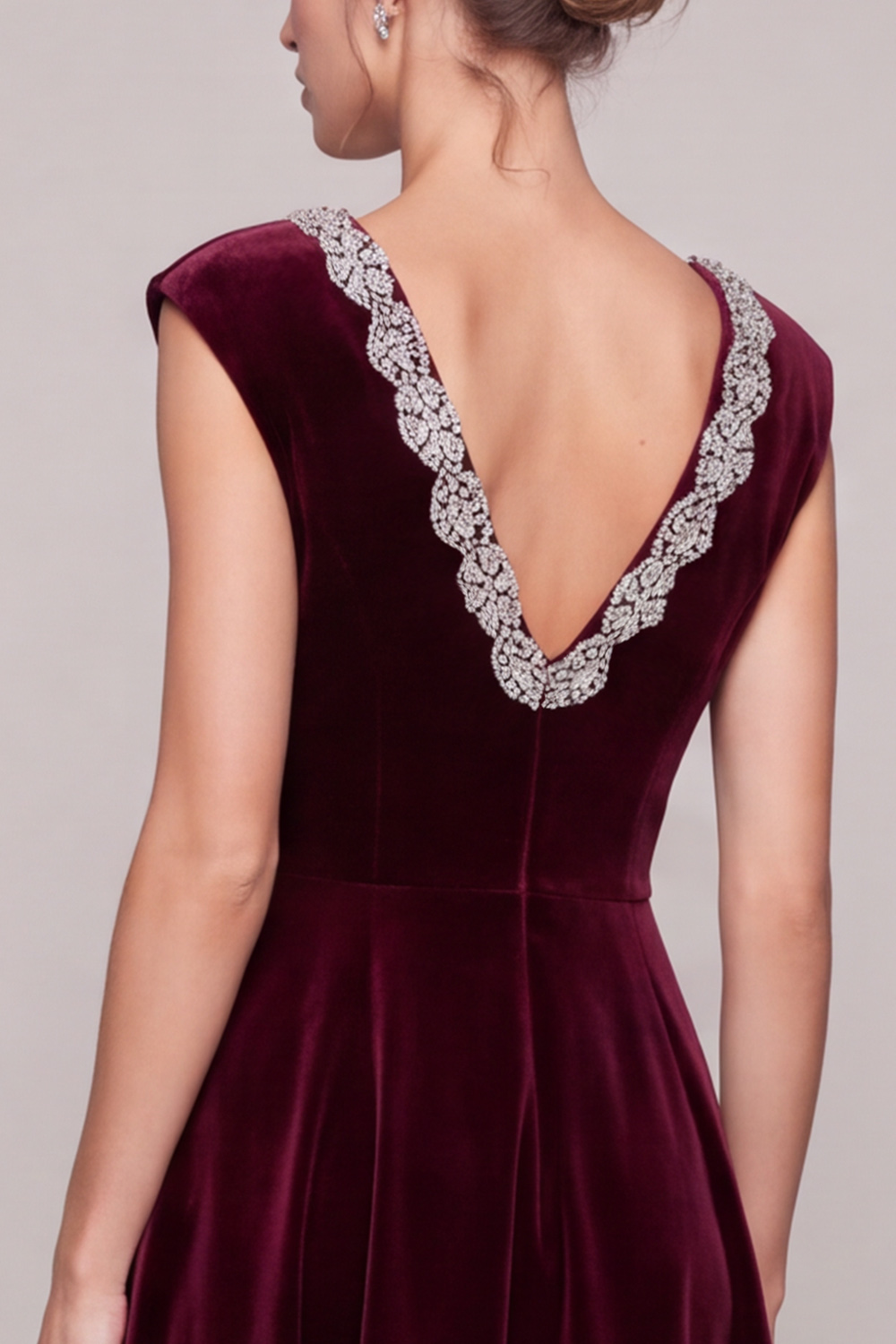 Burgundy A-Line V-Neck Velvet Maxi Holiday Dress with Beading