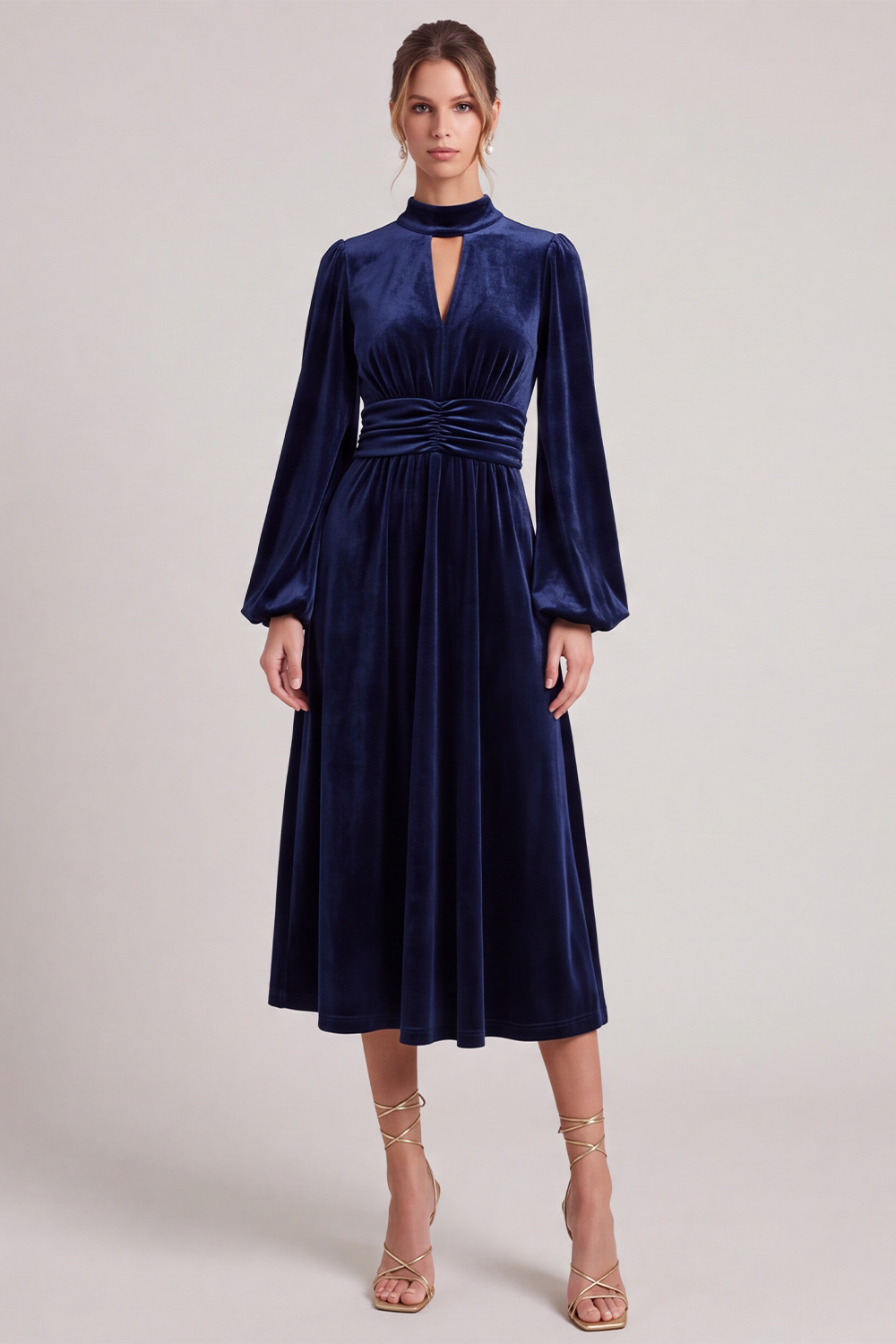 Ruched Navy A Line Keyhole Velvet High Neck Midi Wedding Guest Dress with Sleeves
