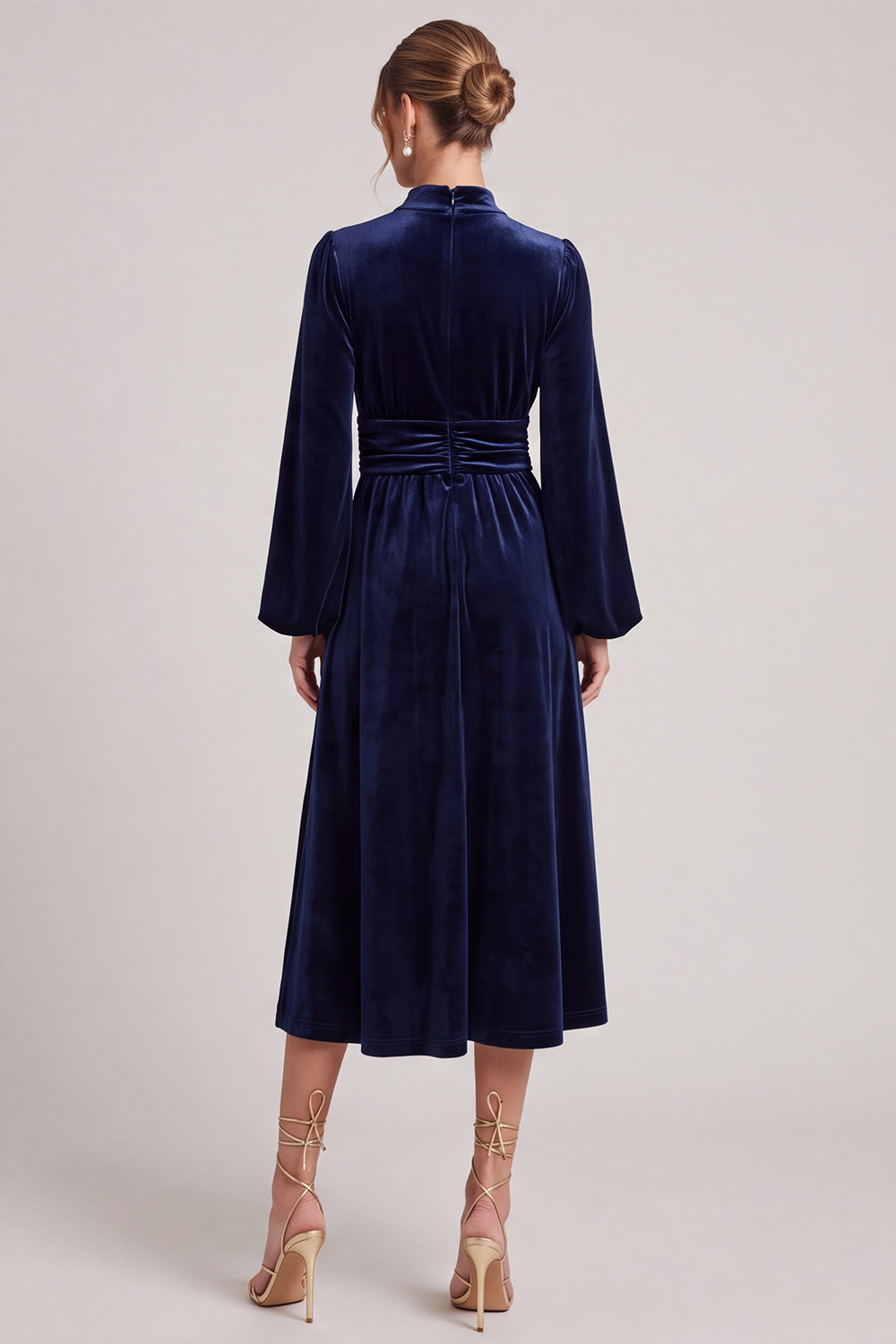 Ruched Navy A Line Keyhole Velvet High Neck Midi Wedding Guest Dress with Sleeves