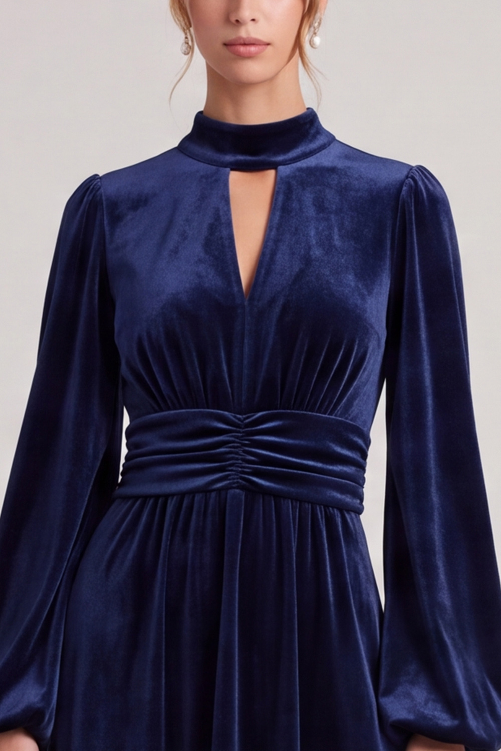 Ruched Navy A Line Keyhole Velvet High Neck Midi Wedding Guest Dress with Sleeves