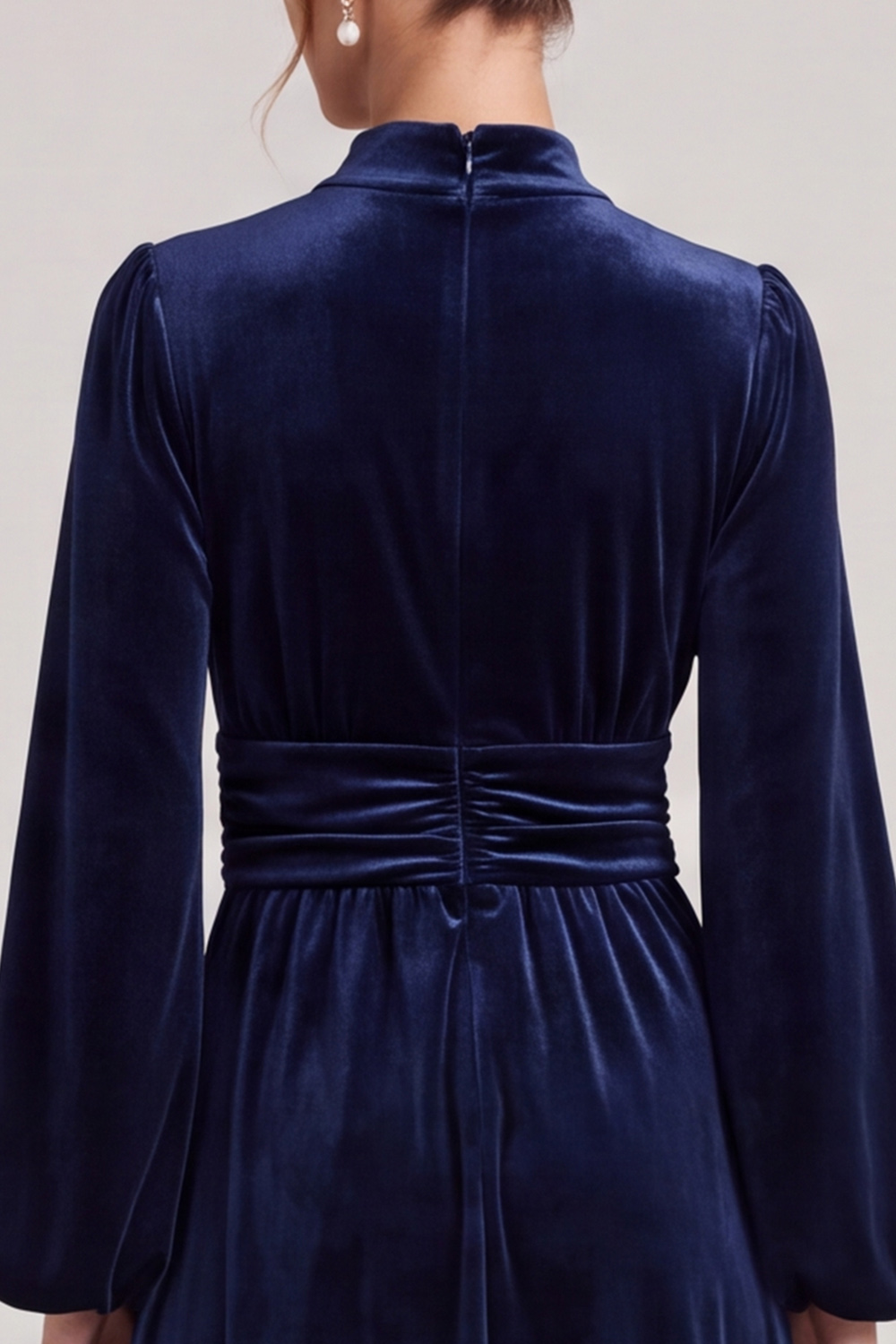Ruched Navy A Line Keyhole Velvet High Neck Midi Wedding Guest Dress with Sleeves