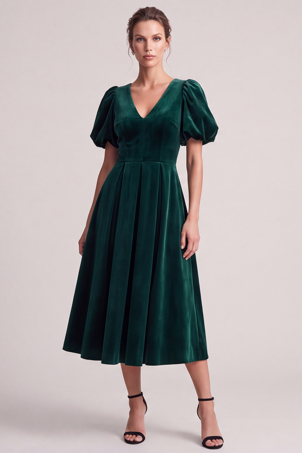 Dark Green Keyhole A Line V-Neck Pleated Midi Wedding Guest Dress