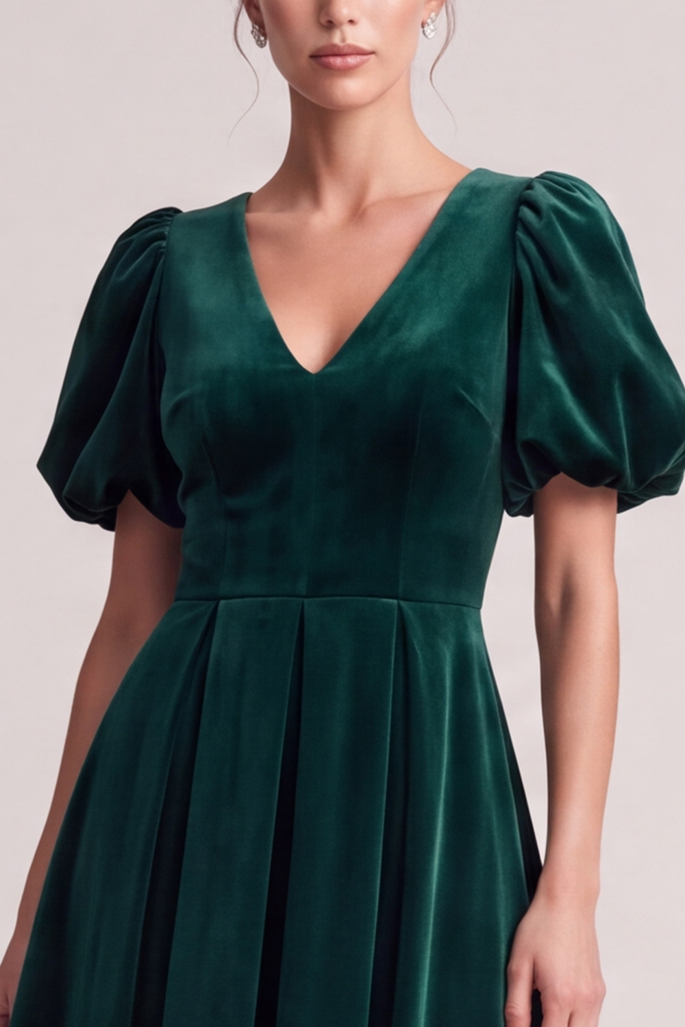 Dark Green Keyhole A Line V-Neck Pleated Midi Wedding Guest Dress