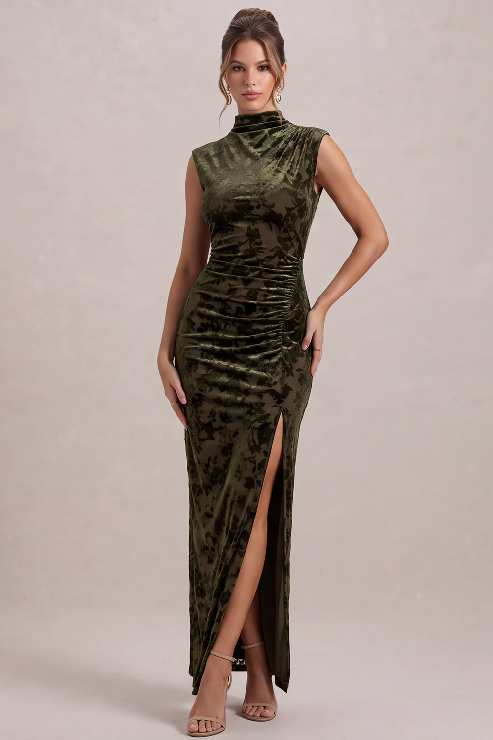 Olive Sheath High Neck Ruched Maxi Holiday Dress with Slit