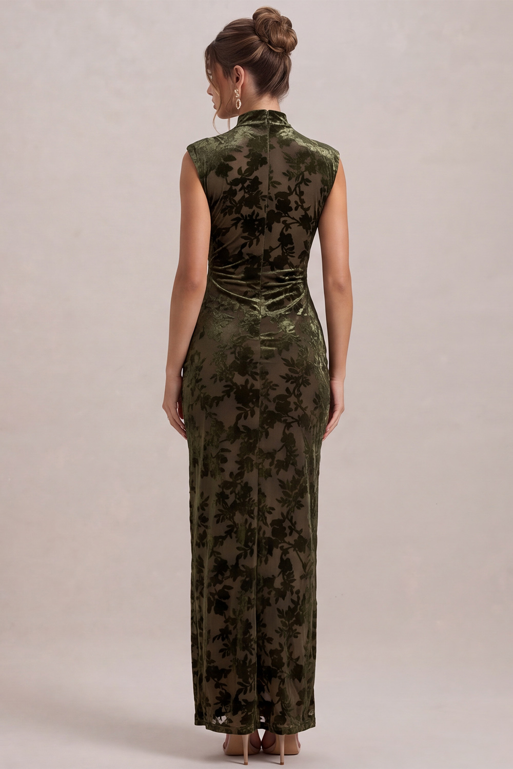 Olive Sheath High Neck Ruched Maxi Holiday Dress with Slit