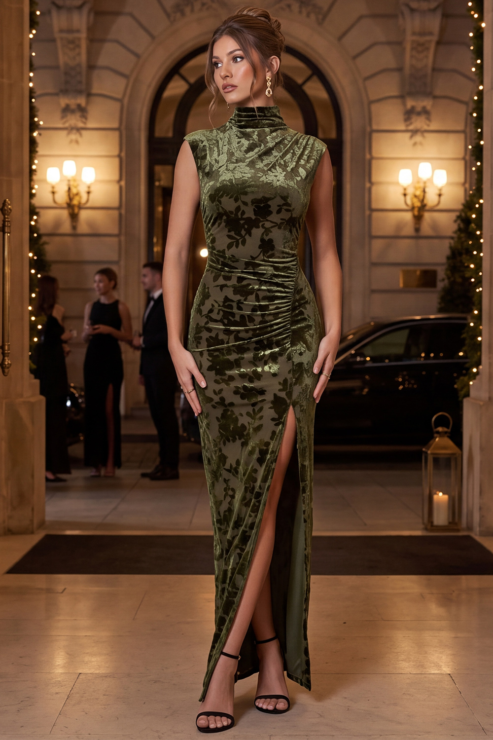 Olive Sheath High Neck Ruched Maxi Holiday Dress with Slit
