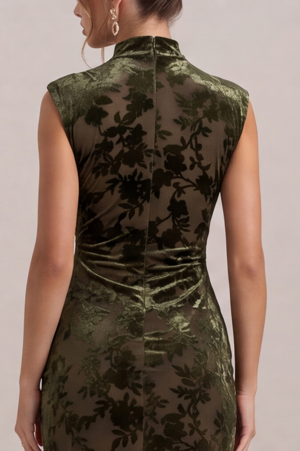Olive Sheath High Neck Ruched Maxi Holiday Dress with Slit