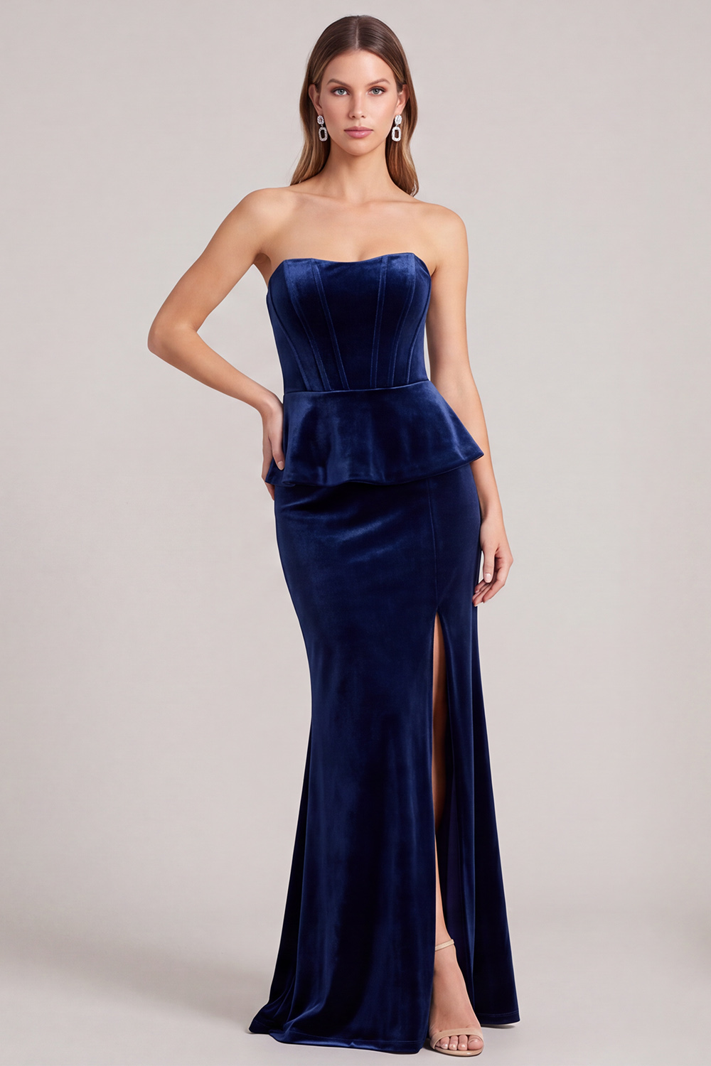 Corset Navy Ruffled Mermaid Velvet Strapless Long Wedding Guest Dress with Slit