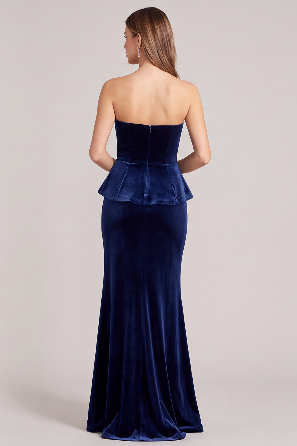 Corset Navy Ruffled Mermaid Velvet Strapless Long Wedding Guest Dress with Slit