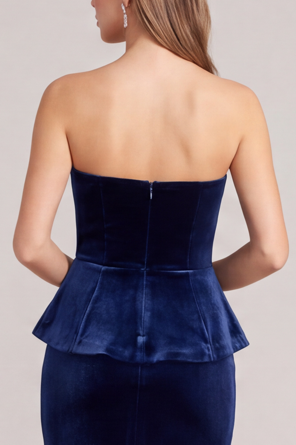 Corset Navy Ruffled Mermaid Velvet Strapless Long Wedding Guest Dress with Slit