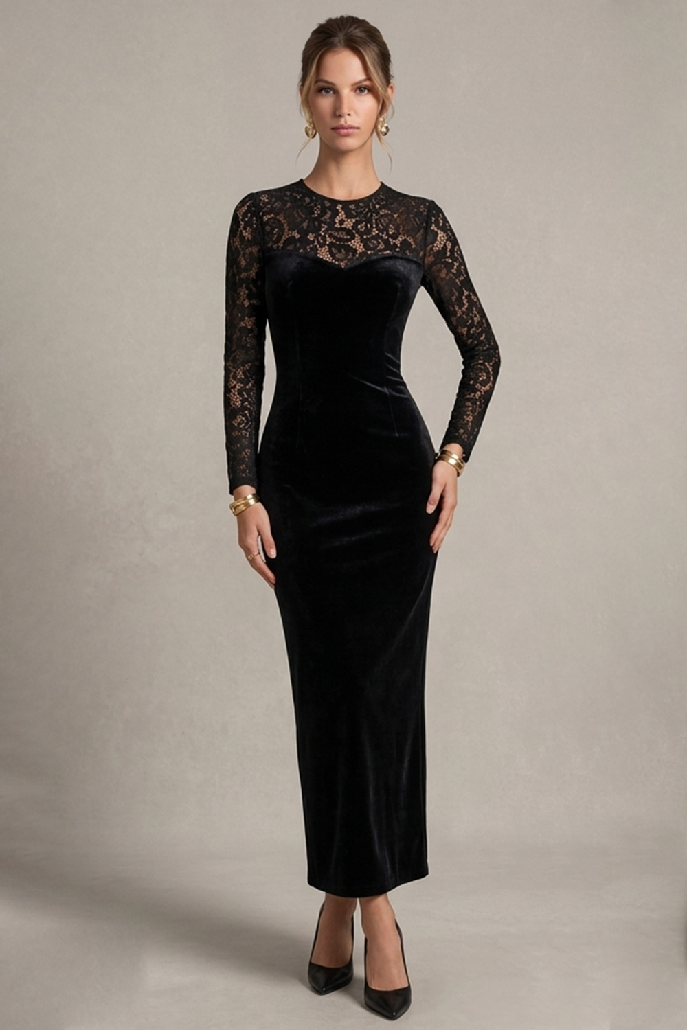 Black Sheath Illusion Round Neck Long Sleeves Holiday Dress with Lace