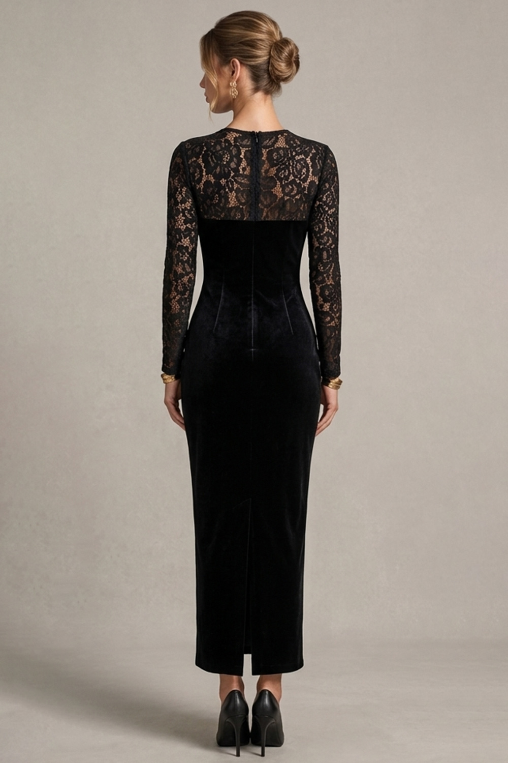 Black Sheath Illusion Round Neck Long Sleeves Holiday Dress with Lace