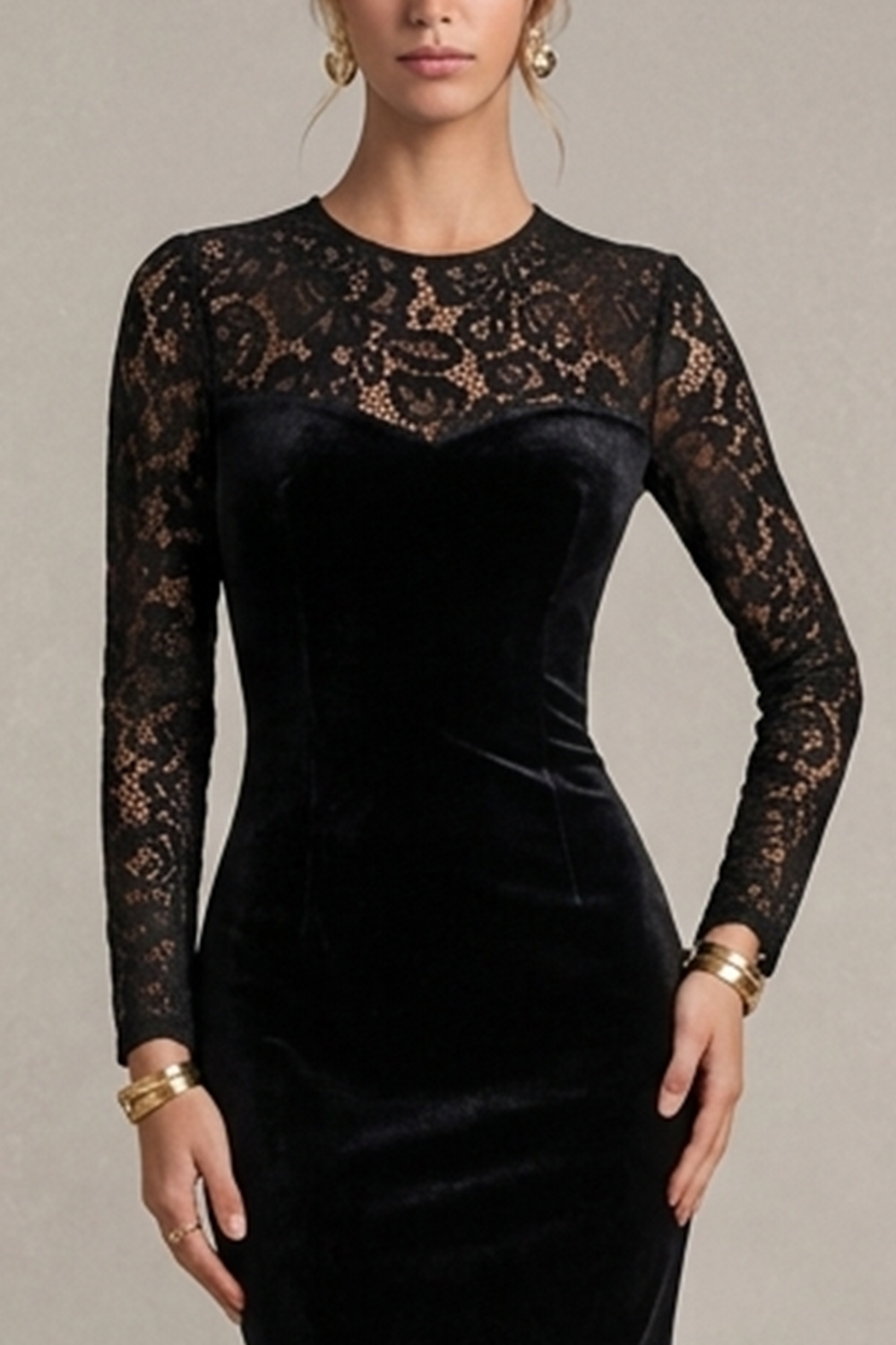 Black Sheath Illusion Round Neck Long Sleeves Holiday Dress with Lace