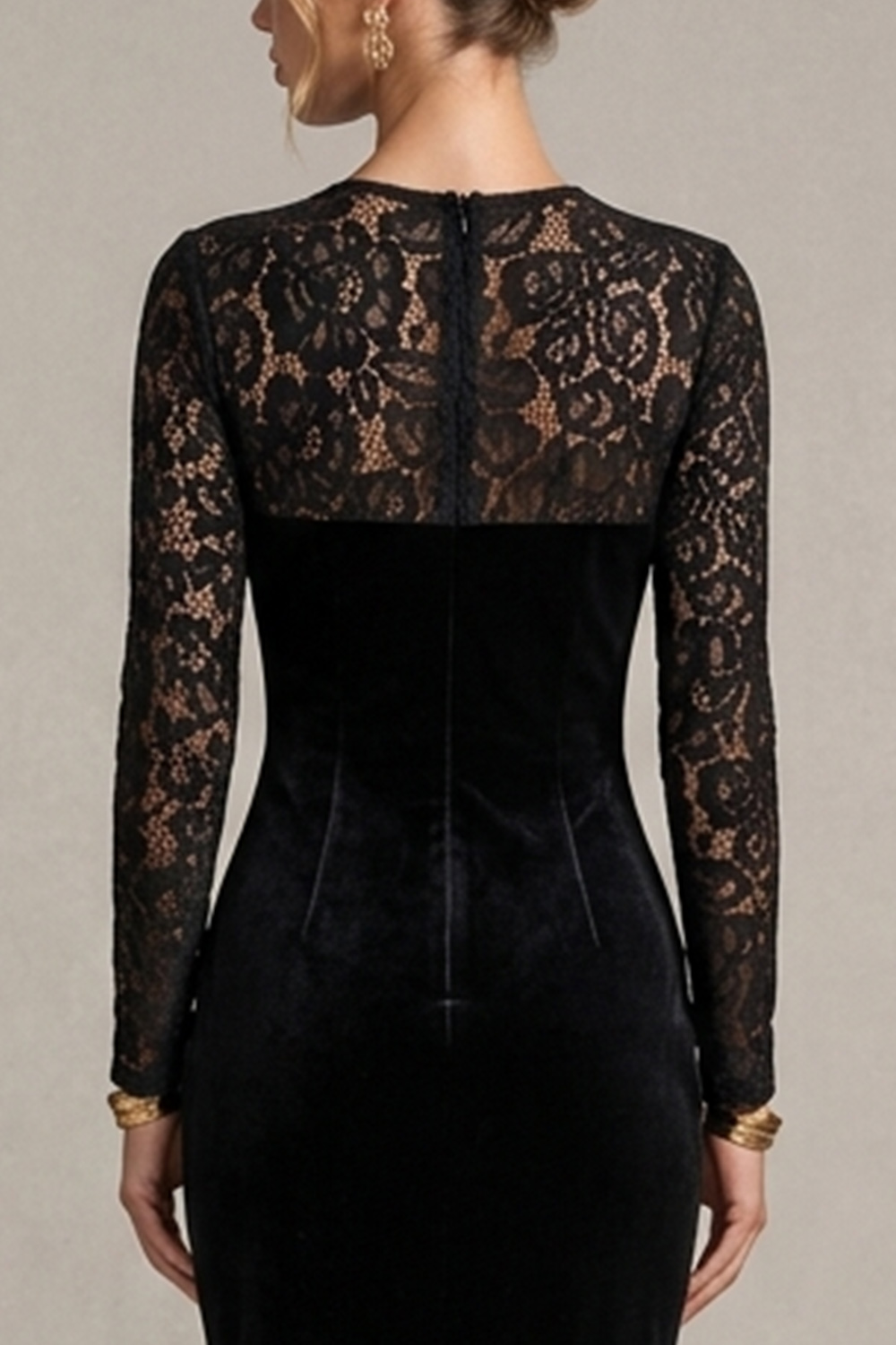 Black Sheath Illusion Round Neck Long Sleeves Holiday Dress with Lace