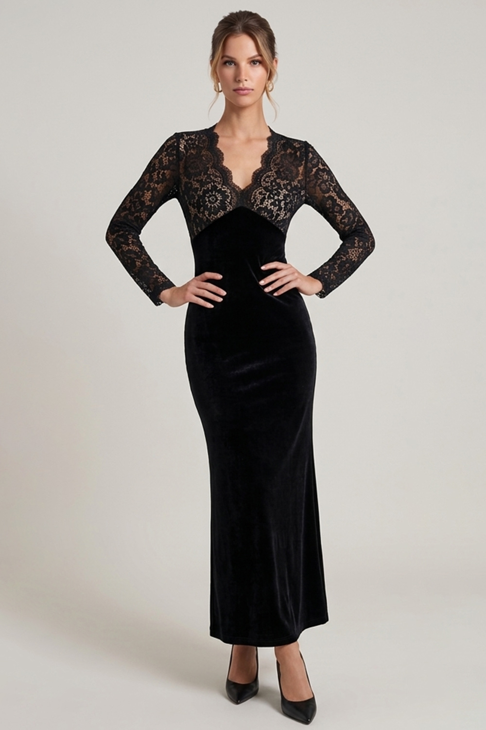 Black Velvet Floral Sheath V-Neck Long Sleeves Wedding Guest Dress with Lace