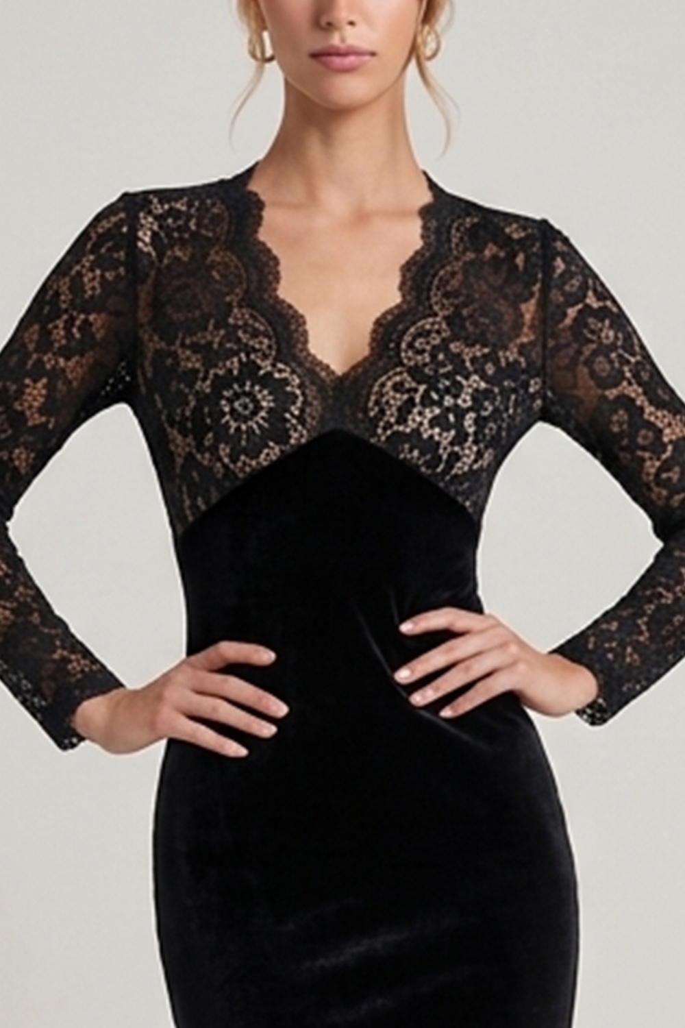 Black Velvet Floral Sheath V-Neck Long Sleeves Wedding Guest Dress with Lace