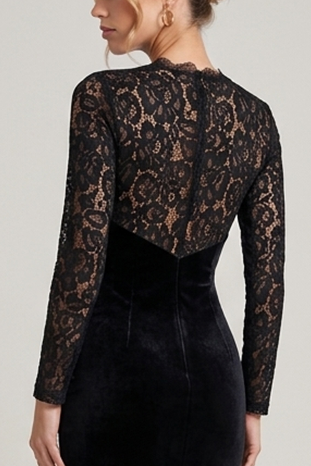 Black Velvet Floral Sheath V-Neck Long Sleeves Wedding Guest Dress with Lace