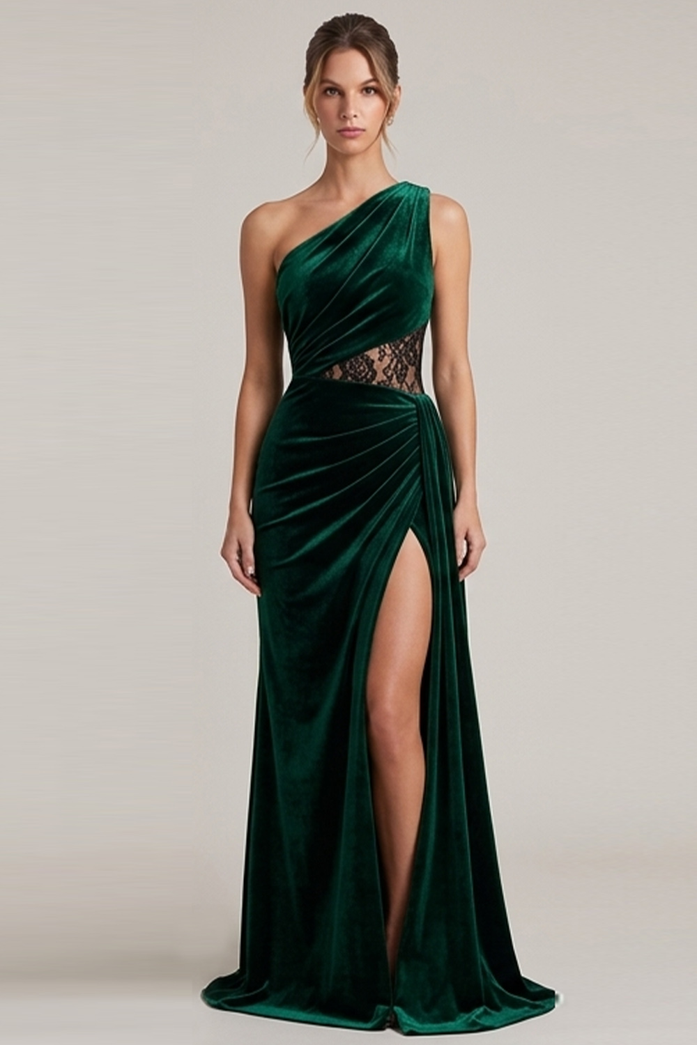 green velvet holiday dress Dresstells Women Dark Long Wedding Guest with Slit Sheath Ruched One Shoulder Formal Dress with Lace online shop boutique