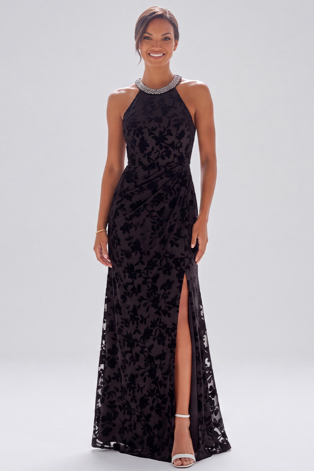 Black Floral Sheath Round Neck Long Formal Dress with Beading