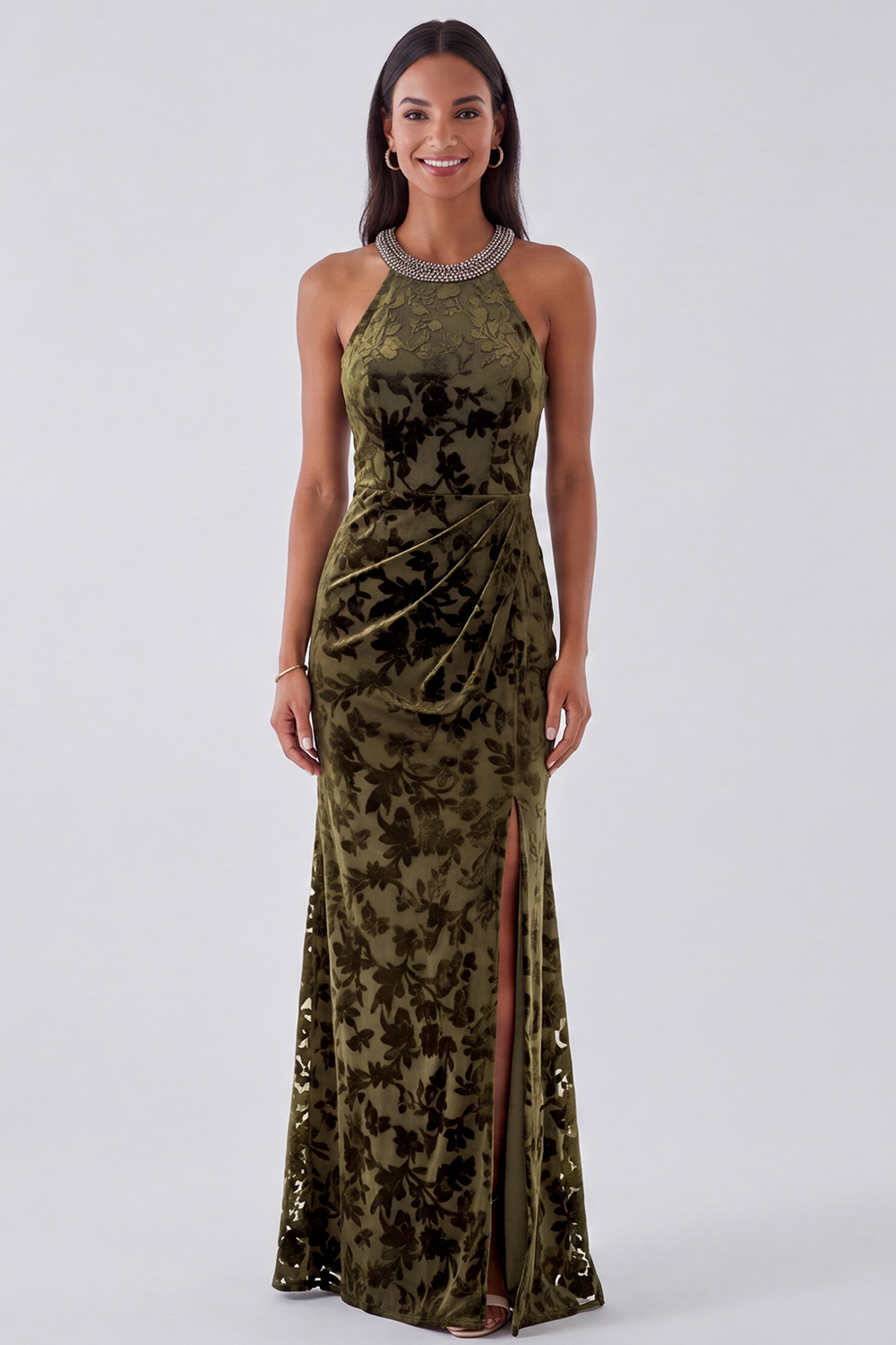 Black Floral Sheath Round Neck Long Formal Dress with Beading