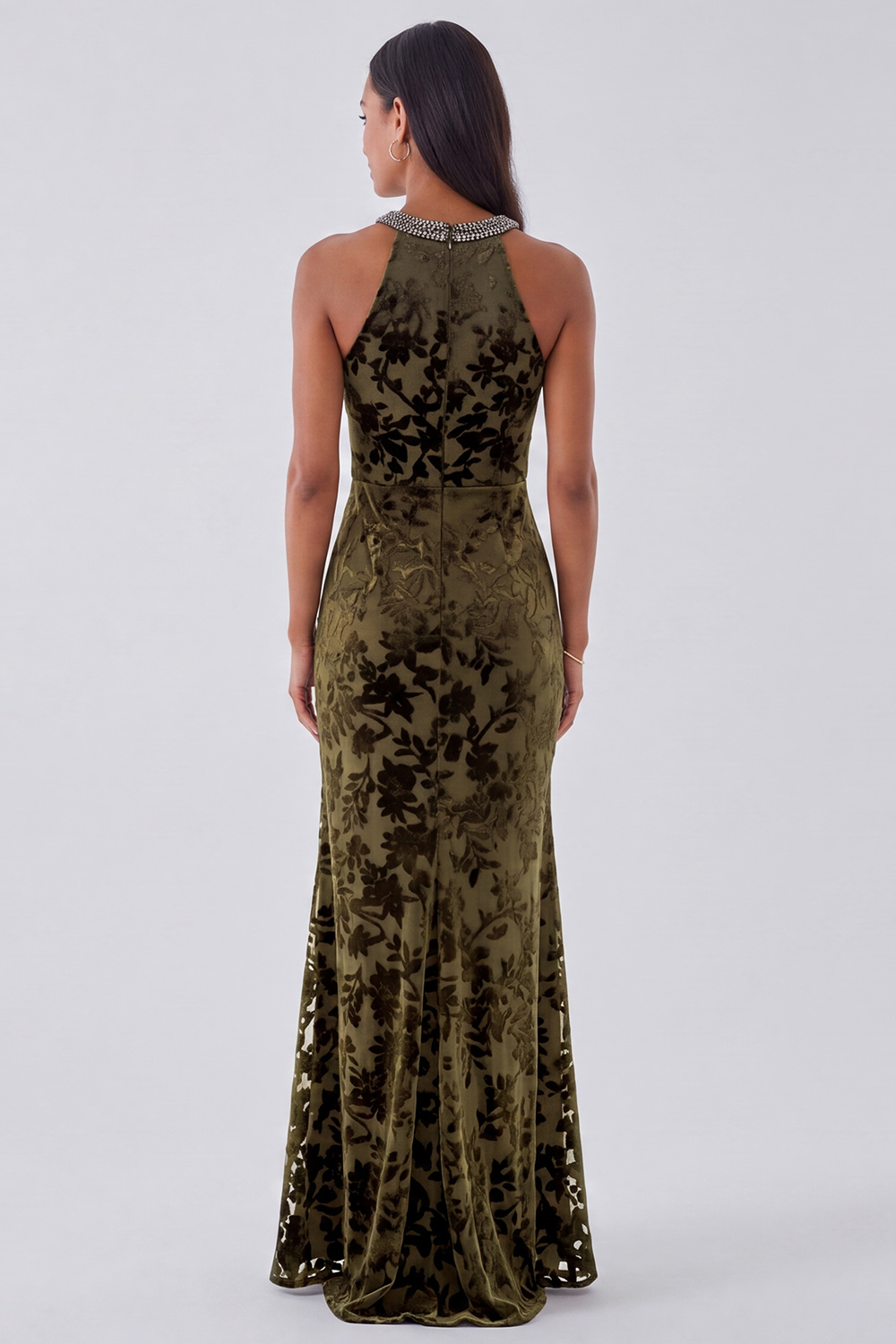Black Floral Sheath Round Neck Long Formal Dress with Beading